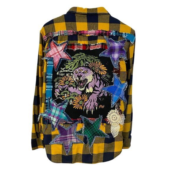 Flannel Shirt Women Large Yellow Tiger Grunge Camp Rock Country Upcycled Crochet - Picture 9 of 16